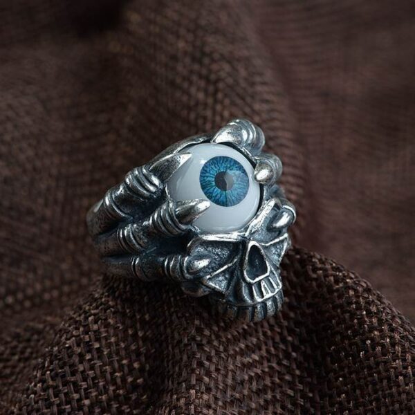 990 Silver Evil Eyeball Skull Finger Claw Ring