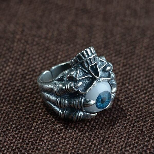 990 Silver Evil Eyeball Skull Finger Claw Ring