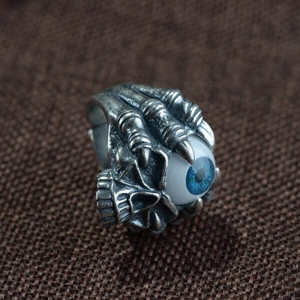 990 Silver Evil Eyeball Skull Finger Claw Ring