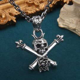 Silver Fleur De Lis Cross Skull Pendant Necklace