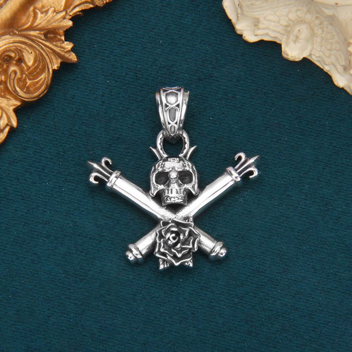 Silver Fleur De Lis Cross Skull Pendant Necklace