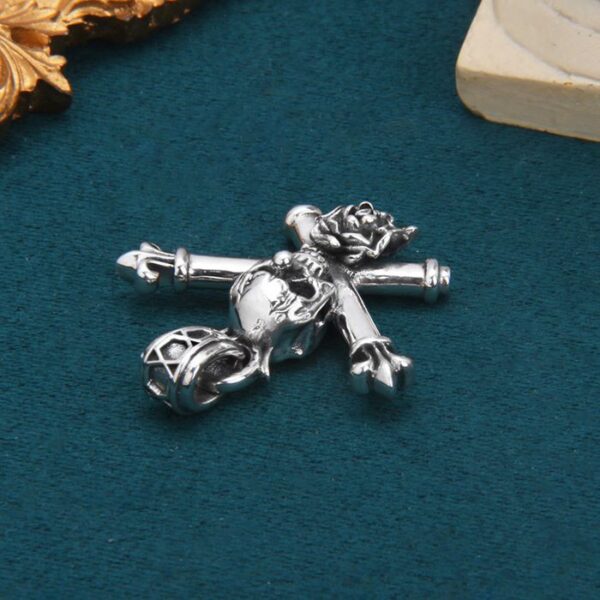 Silver Fleur De Lis Cross Skull Pendant Necklace