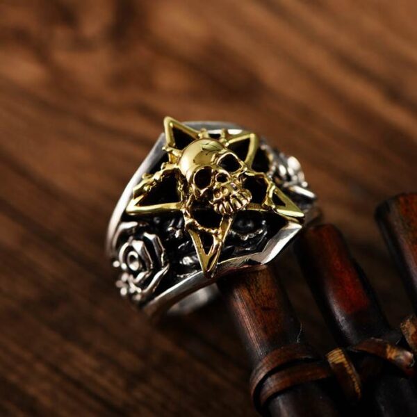 Silver Star Rose Skull Ring