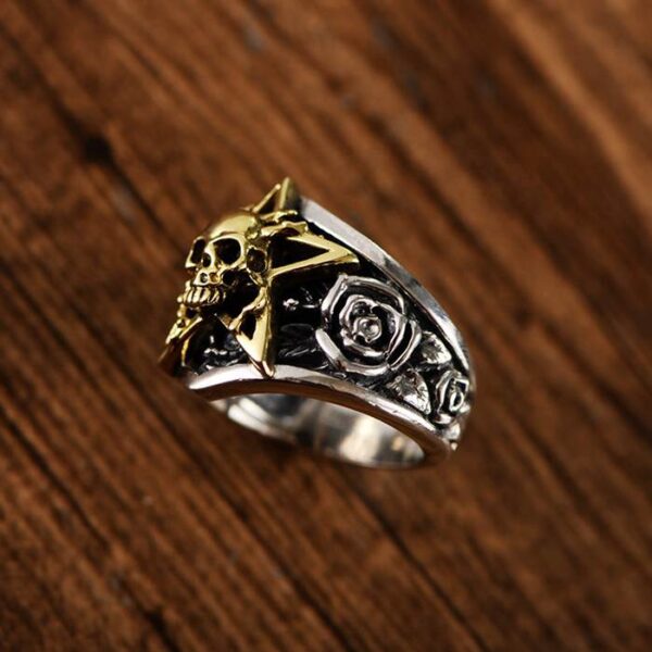 Silver Star Rose Skull Ring