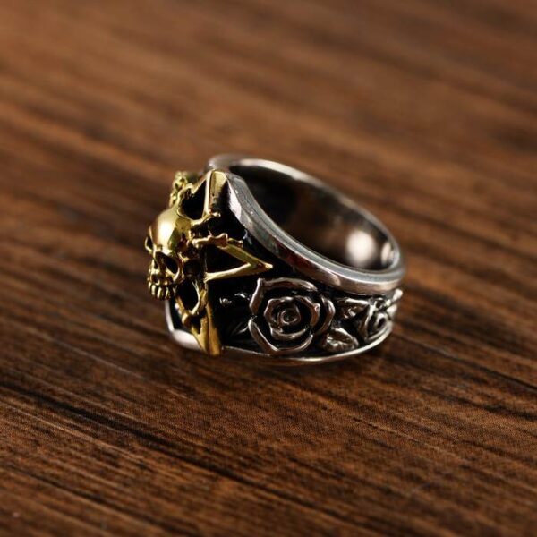 Silver Star Rose Skull Ring