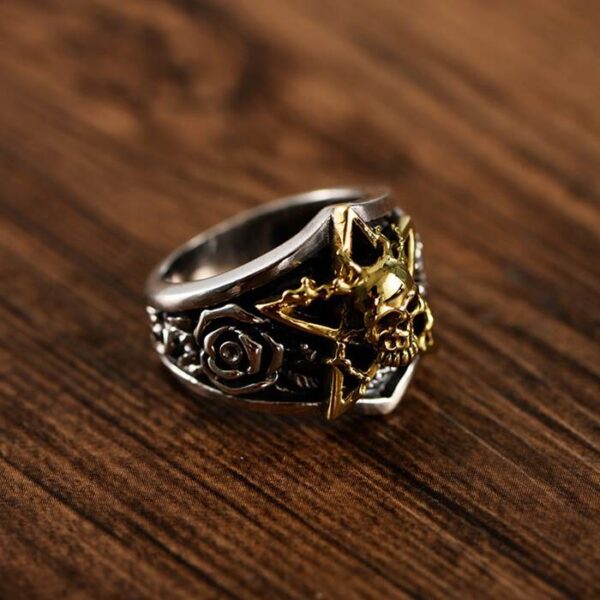 Silver Star Rose Skull Ring