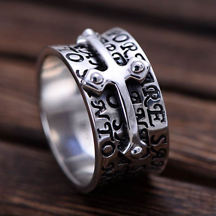 Men's Sterling Silver Christian Scripture Cross Ring  VVV Jewelry