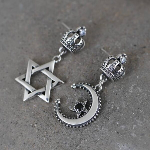 Star Of David Moon & Crown Drop Earrings