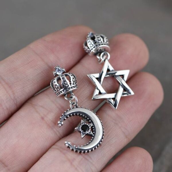 Star Of David Moon & Crown Drop Earrings