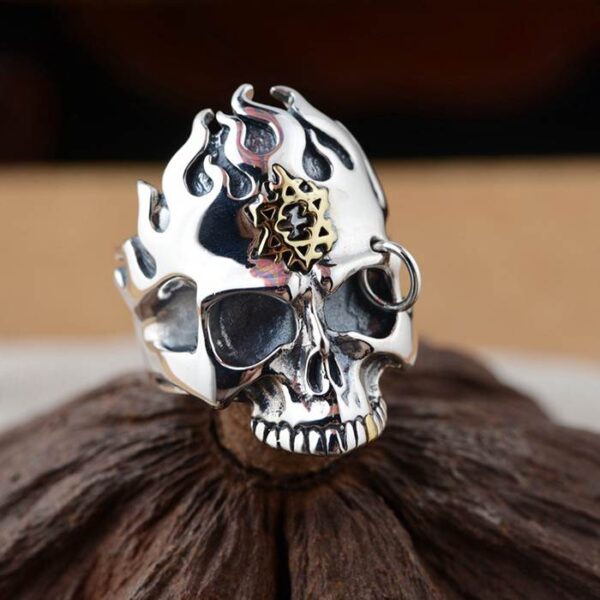 Sterling Silver Star Of David Flames Skull Ring