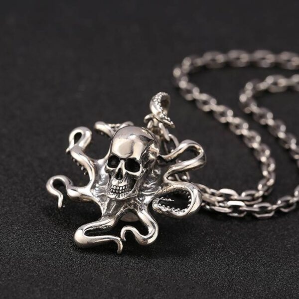 Silver Octopus Skull Pendant Necklace