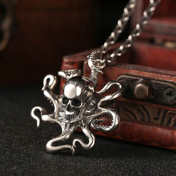 Silver Octopus Skull Pendant Necklace