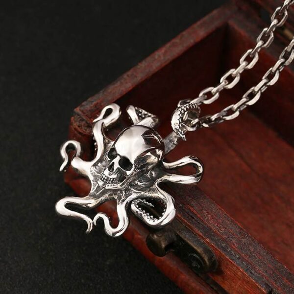 Silver Octopus Skull Pendant Necklace