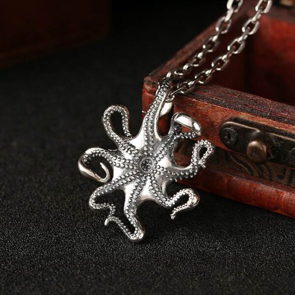 Silver Octopus Skull Pendant Necklace