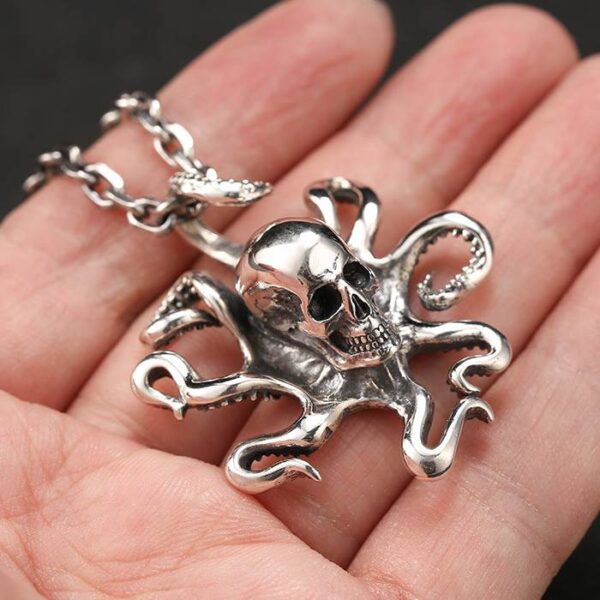 Silver Octopus Skull Pendant Necklace
