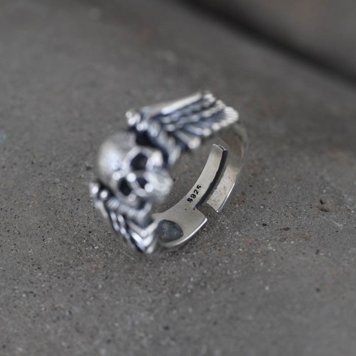 Men's Sterling Silver Skull Ring With Wings VVV Jewelry