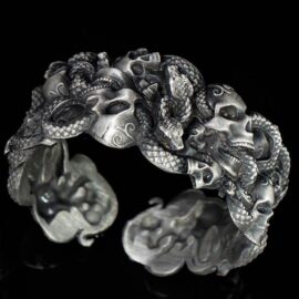 Silver Skulls Snake Cuff Bracelet