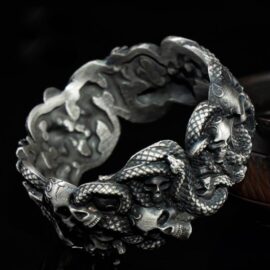 Silver Skulls Snake Cuff Bracelet