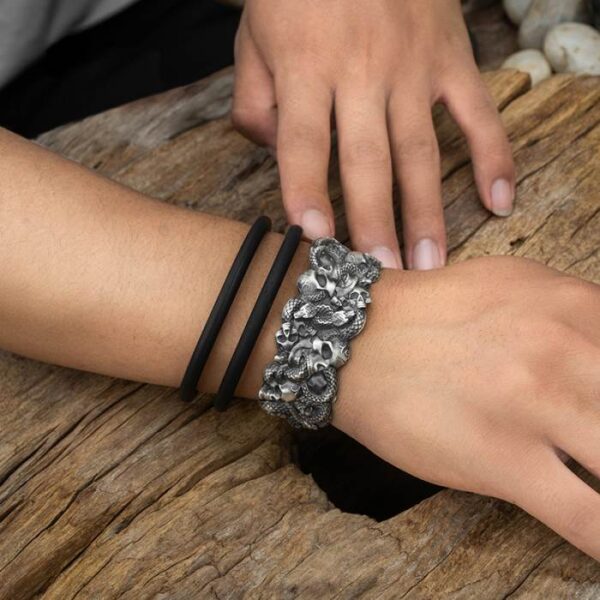 Silver Skulls Snake Cuff Bracelet