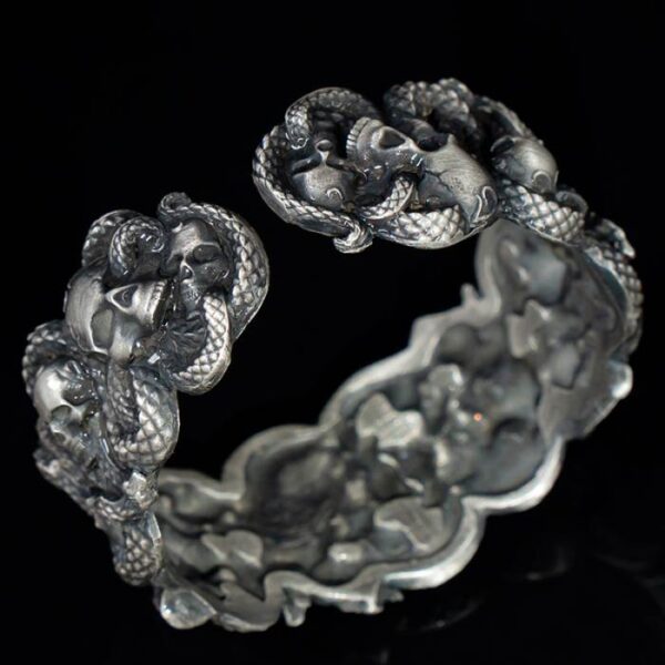 Silver Skulls Snake Cuff Bracelet