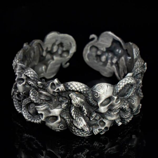 Silver Skulls Snake Cuff Bracelet