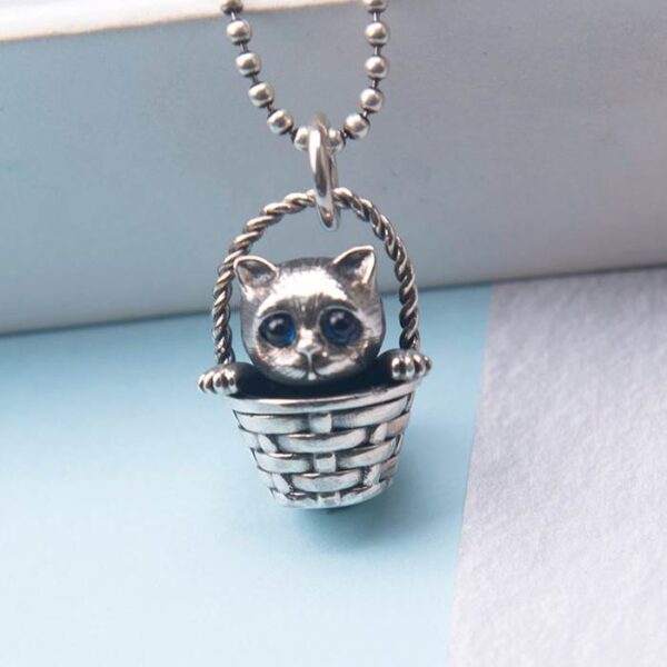 Silver Cat Basket Pendant Necklace