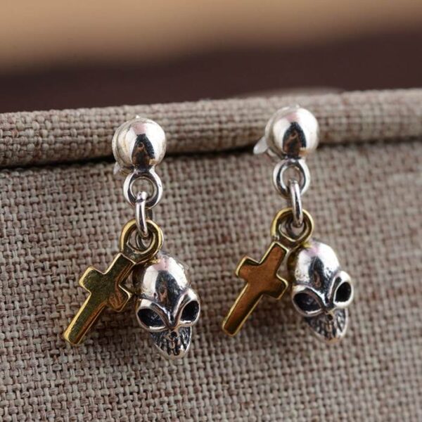 Silver Skull Cross Dangle Earrings