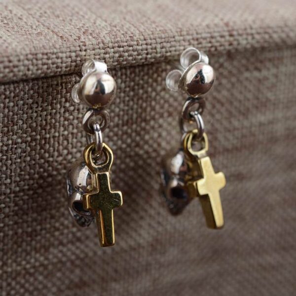 Silver Skull Cross Dangle Earrings