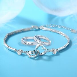 Valentine's Days Silver Heart Bracelet & Mountain Sea Love pair Rings Set