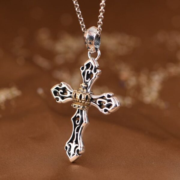 Silver Crown Cross Necklace