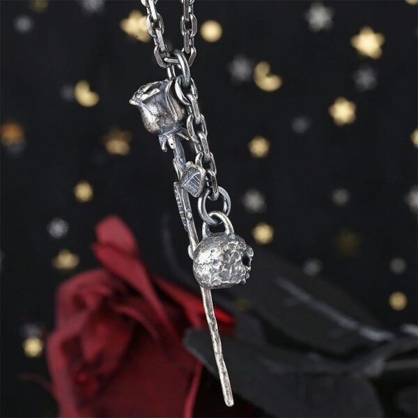 Gothic Rose Skull Pendant Necklace