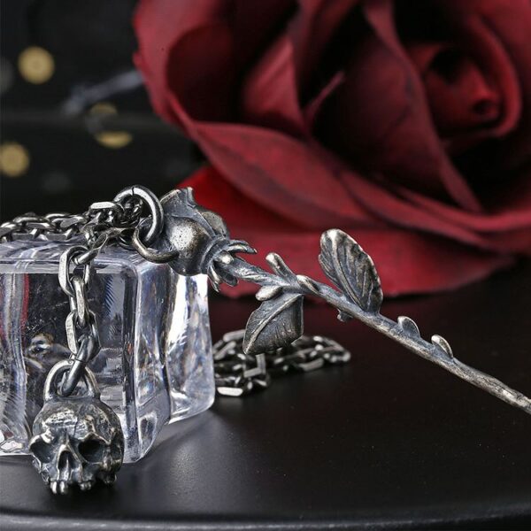 Gothic Rose Skull Pendant Necklace