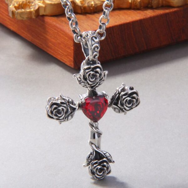 Cross Rose Ruby Pendant Necklace