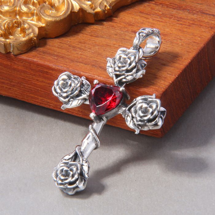 Cross Rose Ruby Pendant Necklace