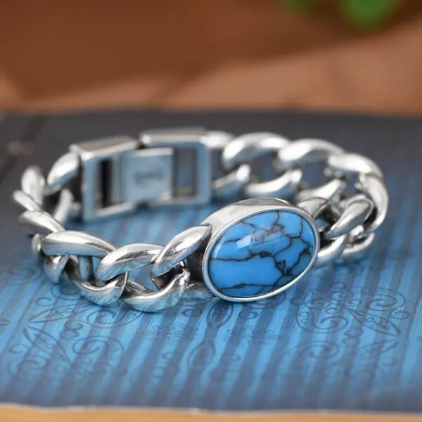 Mens Turquoise Cuban Chain Bracelet