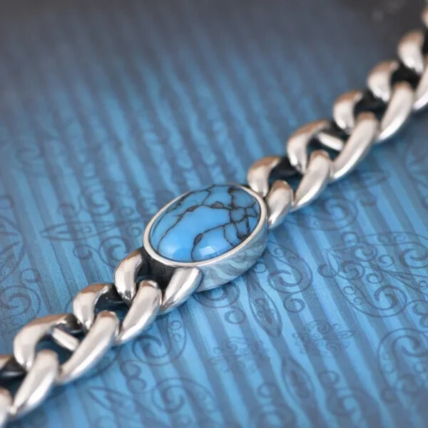 Mens Turquoise Cuban Chain Bracelet