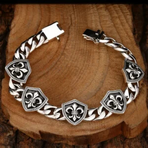 Sterling Silver Fleur De Lis Shield Bracelet