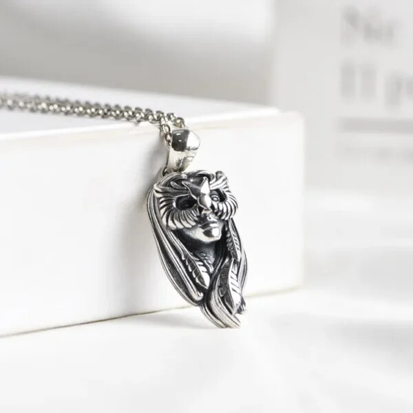 Silver Masked Woman Pendant Necklace