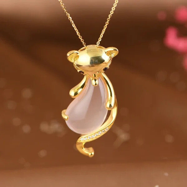 Gold Plated Rose Quartz Fox Pendant