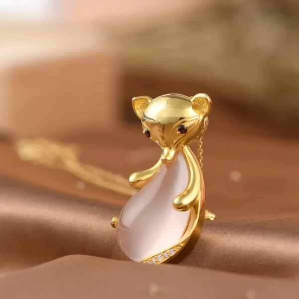 Gold Plated Rose Quartz Fox Pendant