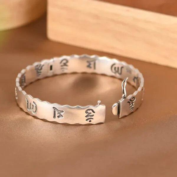 Silver Buddhist Mantra Bangle