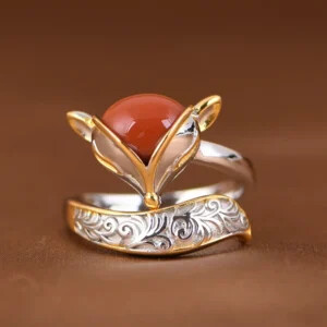 Silver Gold Plated Fox Ring With Agate