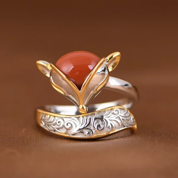Silver Gold Plated Fox Ring With Agate