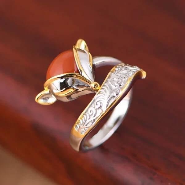 Silver Gold Plated Fox Ring With Agate