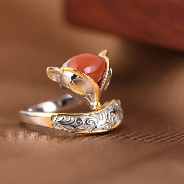Silver Gold Plated Fox Ring With Agate
