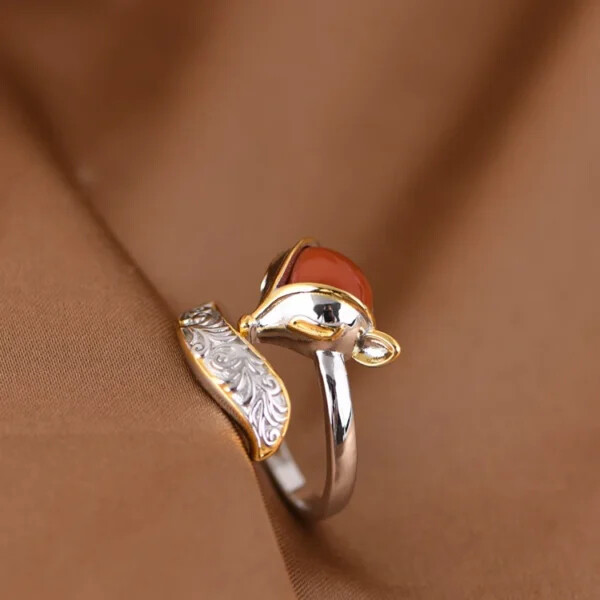 Silver Gold Plated Fox Ring With Agate