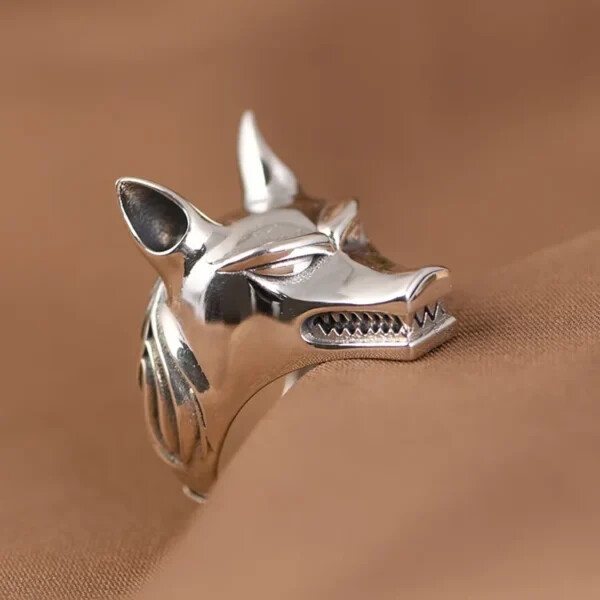 Silver Polished Wolf Head Ring