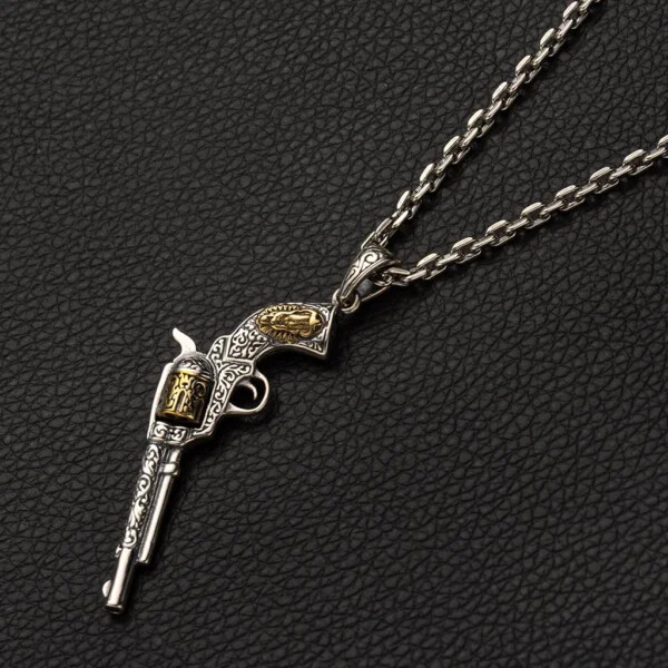 Cowboy Revolver Pendant Necklace In Silver