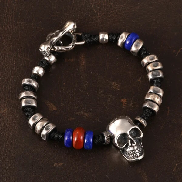 Handmade Skull Beaded Bracelet With Lapis And Red Agate