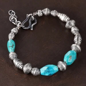 Handmade Sterling Silver & Turquoise Beaded Chunky Bracelet